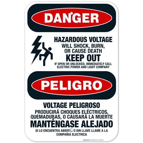Hazardous Voltage Will Shock, burn Bilingual Sign, OSHA Danger Sign, 12x18 Aluminum