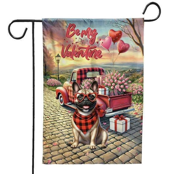 Be My Valentine's French Bulldog Truck Full of Love Flower Balloon Garden Flag 12x18in Double Sided Dog Lover Gifts Outdoor Decor - 02029