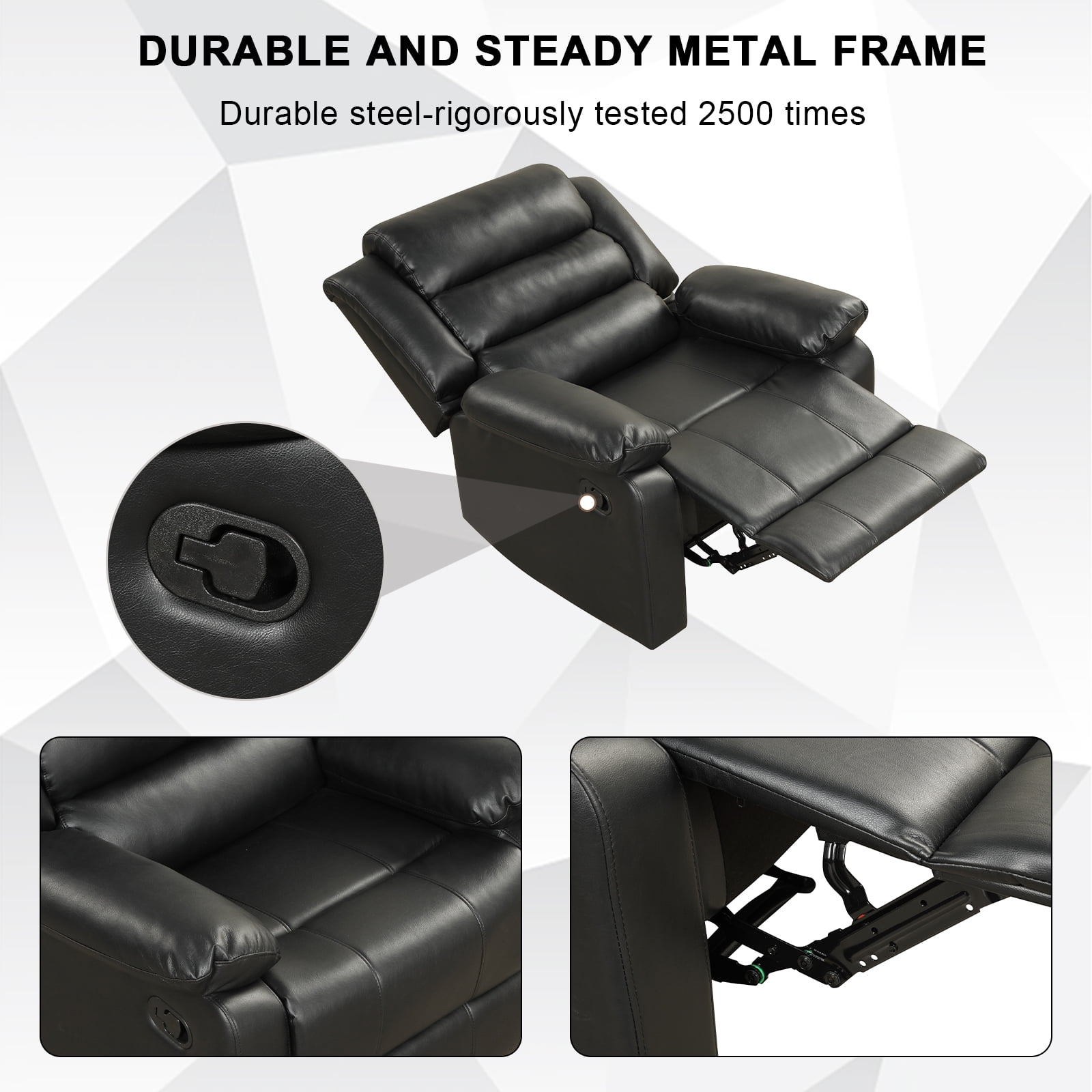 Bonzy Home Recliner Comfortable Arms and Back Faux Leather Reclining Chair Sofa for Living Room Bedroom, Black