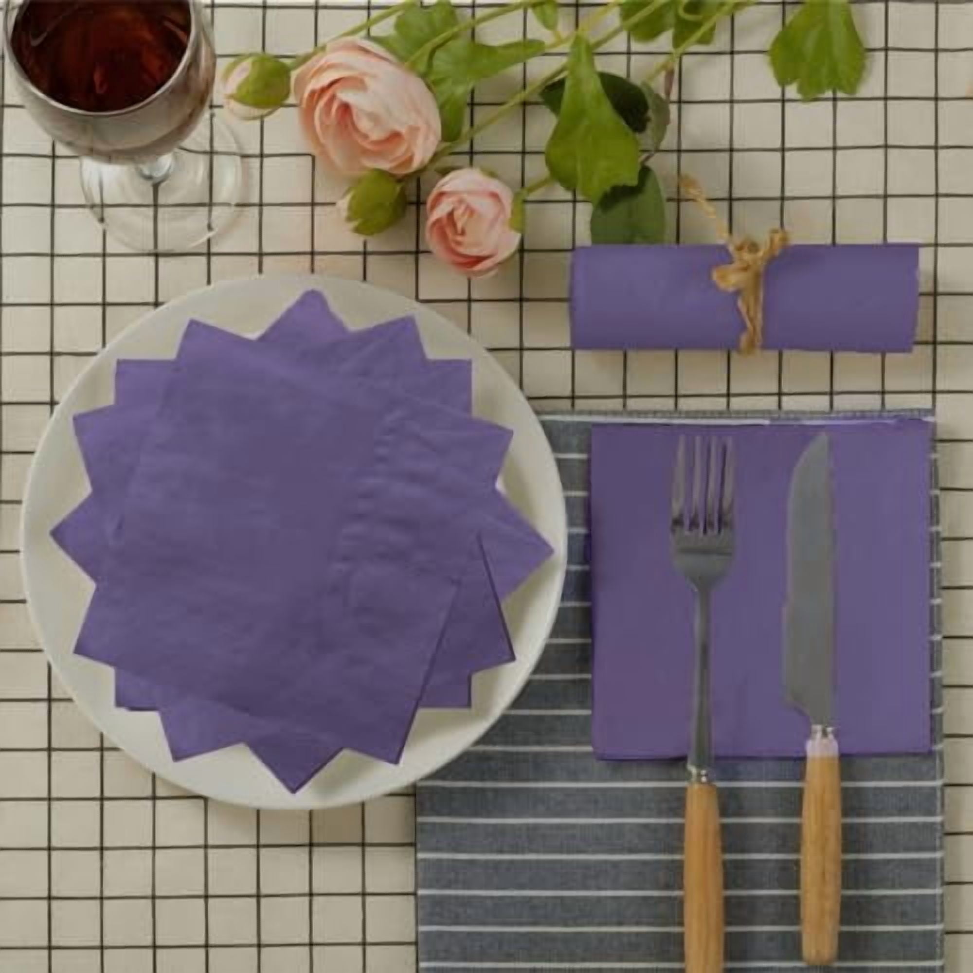 100 Pack Cocktail Napkin 2-Ply Dessert Napkins Folded 5 x 5 Inches Disposable Napkins for Dinner Wedding Birthday Party Bridal Anniversary Reception Event (100, Purple)