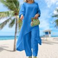 thumbnail image 1 of Top De Manga Larga + Pantalones Camisas de mujer + Pantalones de pierna ancha Casual Algodón Lino Dama Chándal 2 piezas Traje de ropa Cgtredaw Azul M para Mujer, 1 of 1