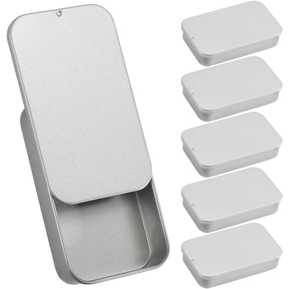 6Pcs 3 x 2 x 0.6 Inch Slide Top Tin Box Metal Slide Containers Silver Small Mini Empty Rectangular Trinket Lid Tinplate Hinged Storage Container for Beads Jewelry Crafts Survival Kit