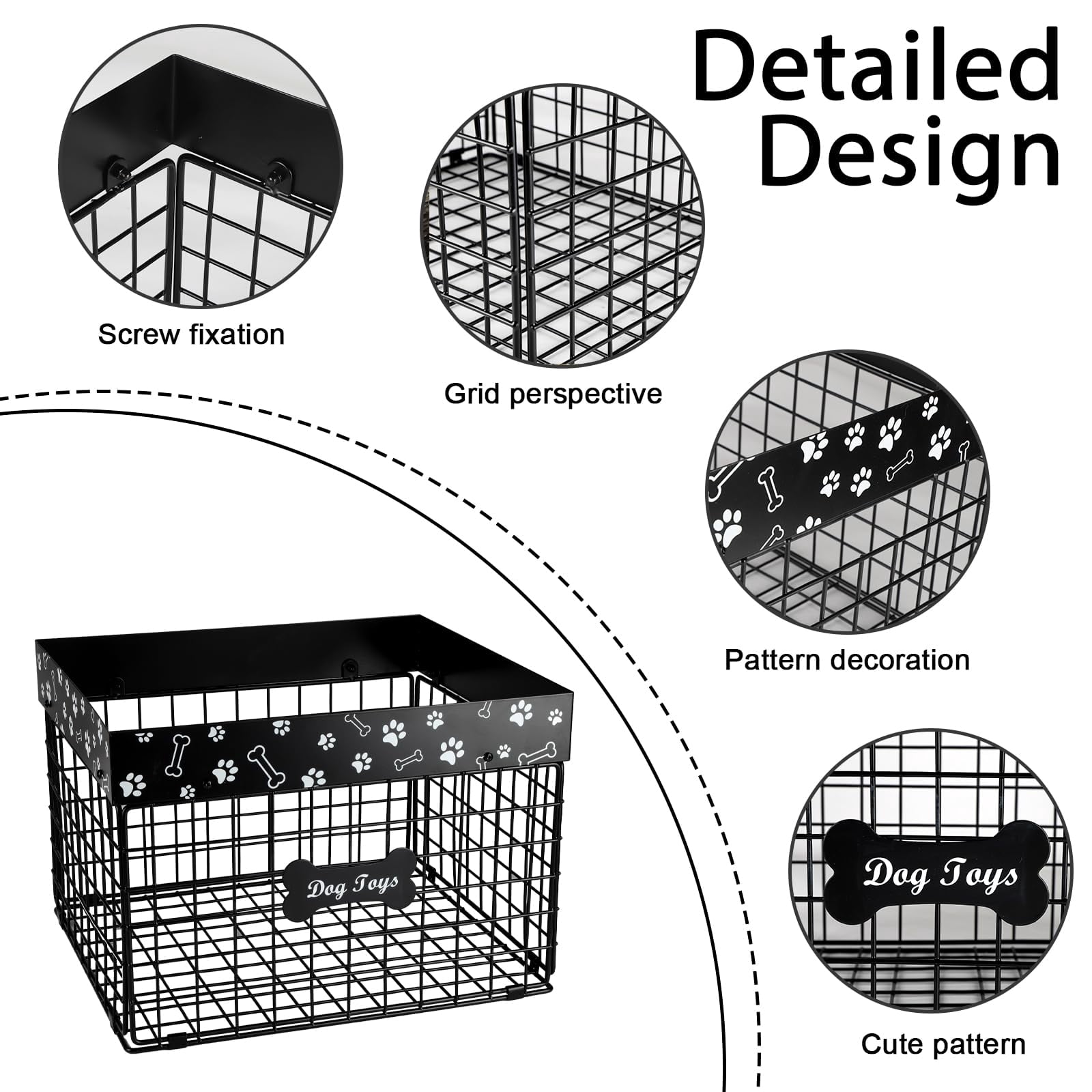 Black 2 Large Metal Dog Storage Basket for Pet Toys, Food, and Living Room Organization