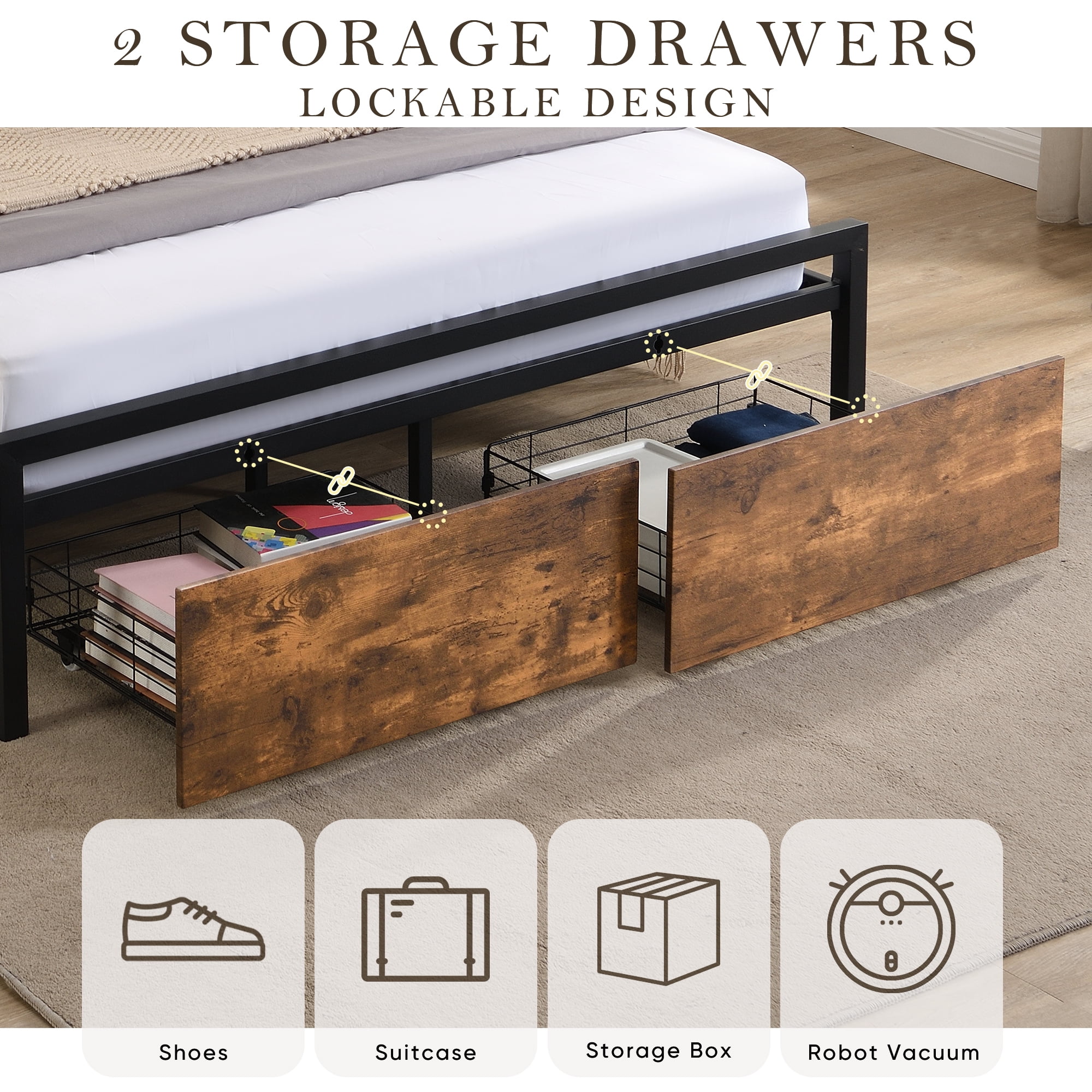 Miniyam Queen Size Bed Frame with RGB LED Lights, Charging Station, 2 Drawers and Storage Headboard
