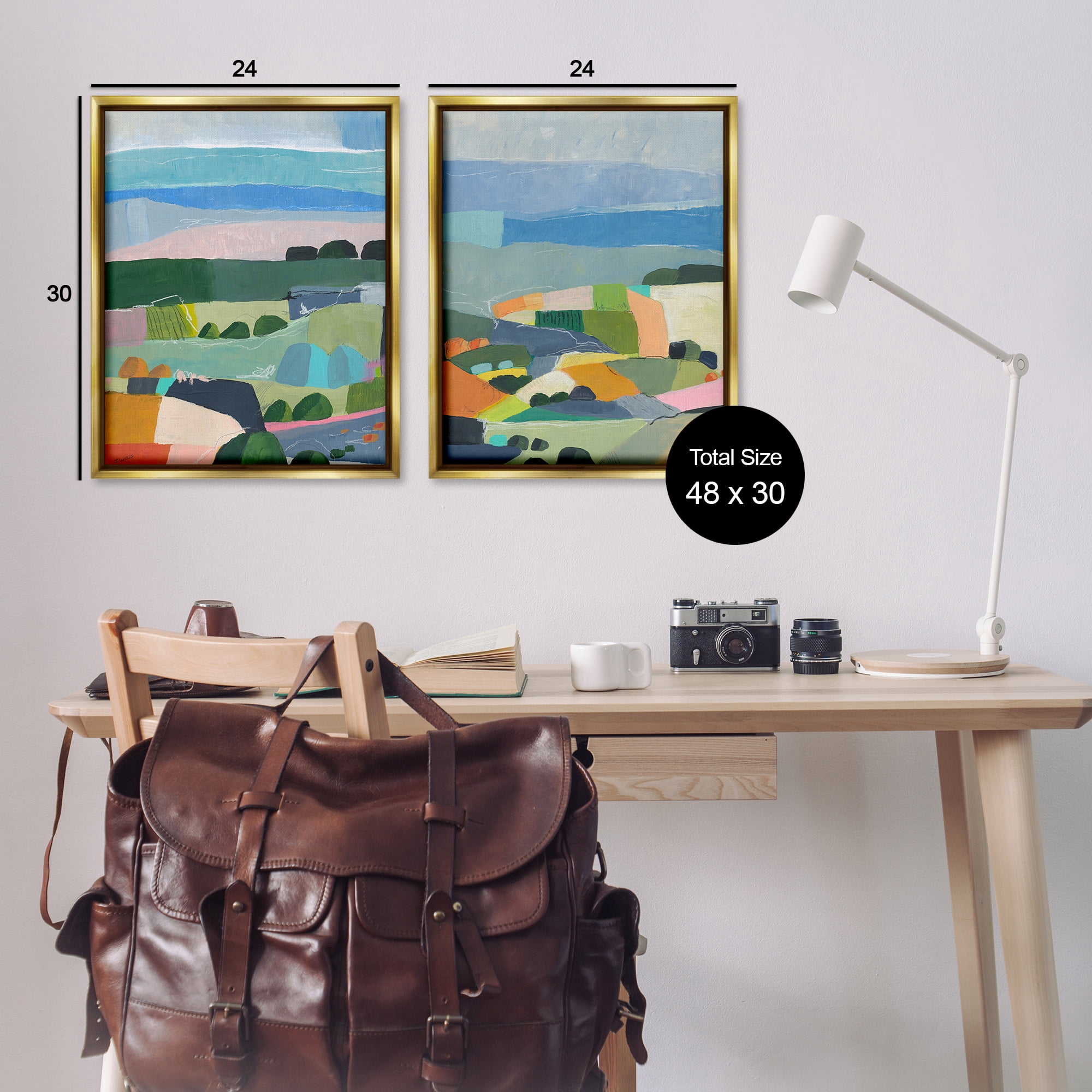 Stupell Industries Modern Farmland & River Landscape Painting Gold Floater Framed Canvas Art Print Wall Art, 25 x 31, Set of 2
