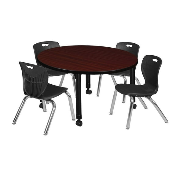 Regency 42 Round Adjustable Classroom Table- Mahogany & 4 Andy 12 Stack Chairs- Black