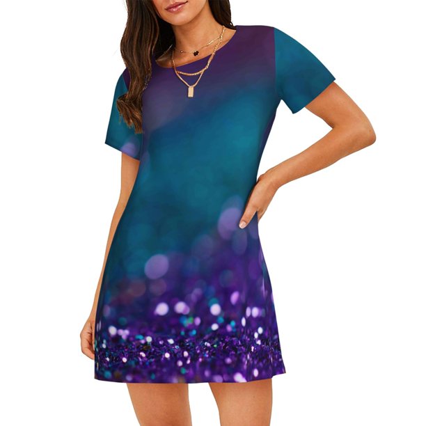 Disketp Purple and Green Glitter para Camisón Corto de Manga Corta para Mujeres, Camisón Cómodo con Escote Redondo, Bonito y Confortable