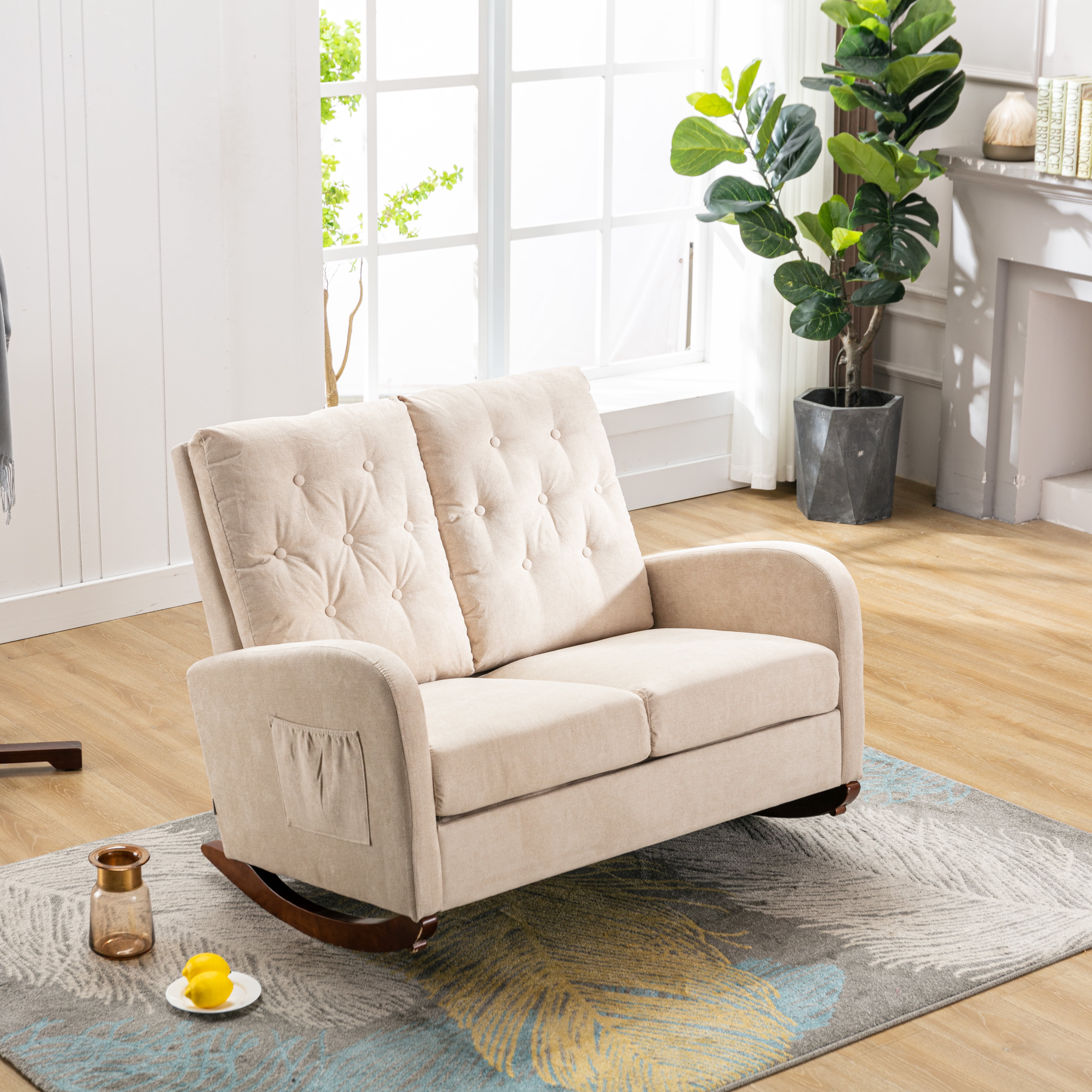 Bellemave Fashion Double Rocking Sofa with High Backrest and Pocket, Rocker Chair with Spacious Wing-back and Padded Seat for Living Room, Bedroom, Nursery(Beige)
