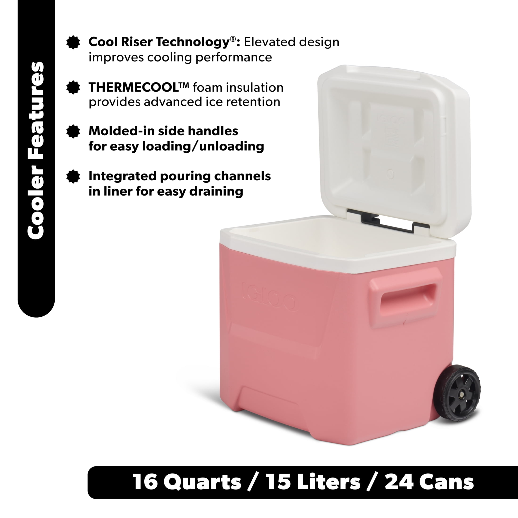 Igloo 16 QT Laguna Hard Side Ice Chest Cooler with Wheels, Coral Pink