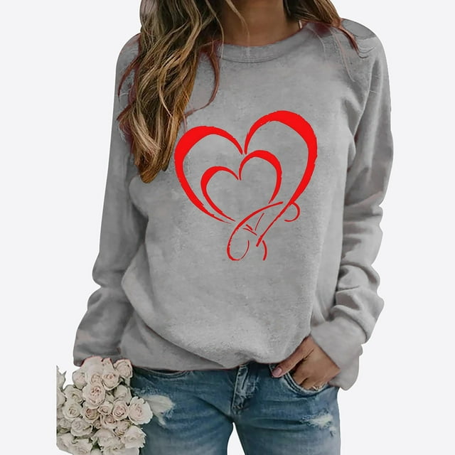Jsaierl Hauts de la Saint-Valentin pour Femmes T-Shirts Mignons à Imprimé Cœur d'Amour Décontractés à Manches Longues T-Shirts Tendance à Col Rond Blouses 2025