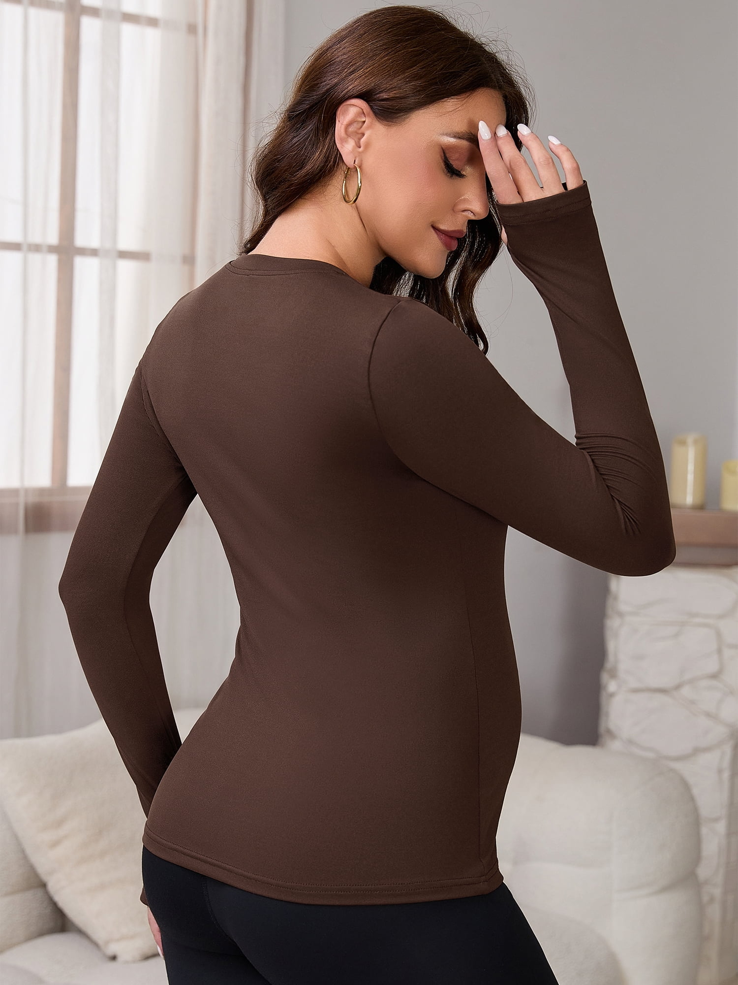 DARING DIVA Women's Maternity Stretchy Fitted Crew Neck Long Sleeve Tops S Brown