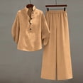 thumbnail image 2 of pstuiky Two Piece Sets for Women Summer Solid Color Cotton Linen Sets Batwing Sleeve V Neck Button Shirts and Wide Leg Pants Set Matching Lounge Set Casual Outfit Khaki,XXL, 2 of 9