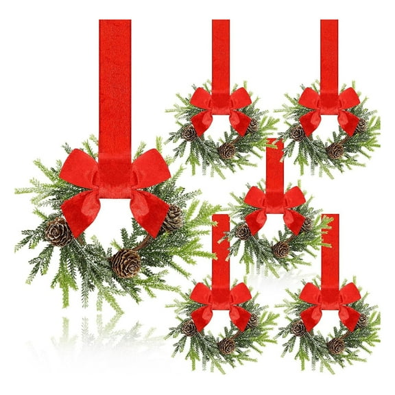 Dserfhy Mini Christmas Wreath with Red Velvet Bow Cabinet Door Decor for Kitchen Window Farmhouse Front Door Wall Fireplace Berry Garland