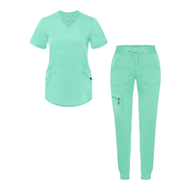Adar Pro Modern Athletic Scrub Set For Women - Modern V-Neck Scrub Top & Yoga Jogger Scrub Pants