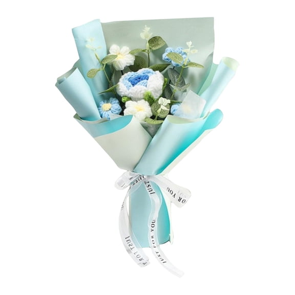 Crochet Flower, Flower Bouquet, Blue Rose, Satin Ribbon, Valentine S Day Gift, 12X5 In, 1 Pc, Fake Flower, Flower Decorations, Crochet, Romantic Gifting