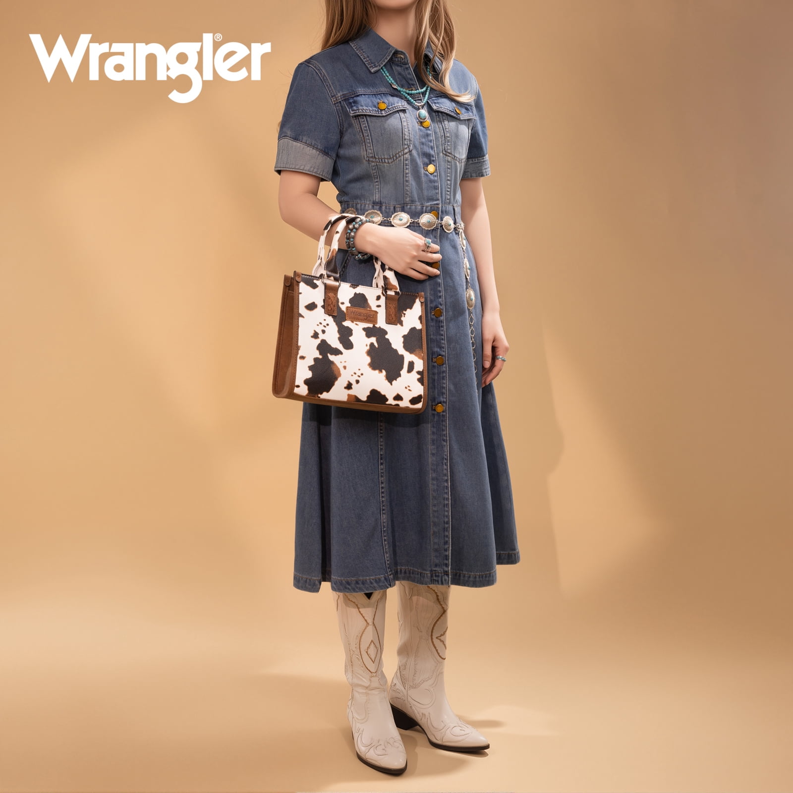 Wrangler Tote Bag for Women Western Retro Purse Top Handle Handbags with Aztec Strap, Cow-Brown