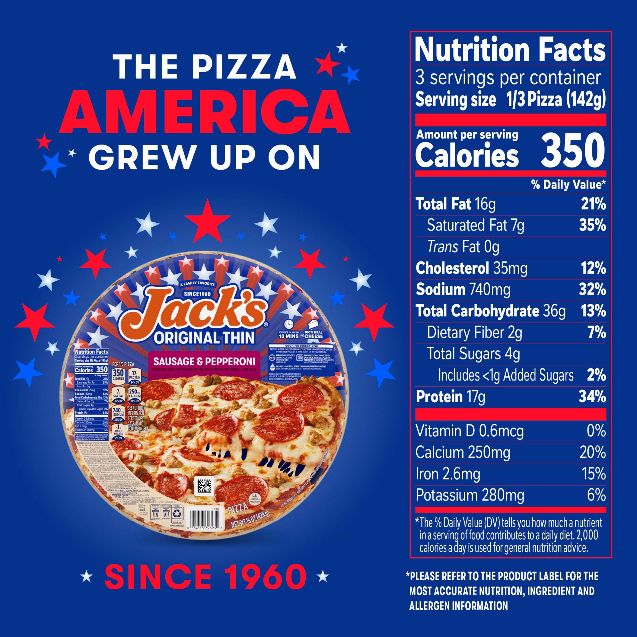 Jack's Frozen Meat Pizza, Sausage, Pepperoni and Cheese, Original Thin Crust Pizza for Grilling, 15 oz (Frozen)​