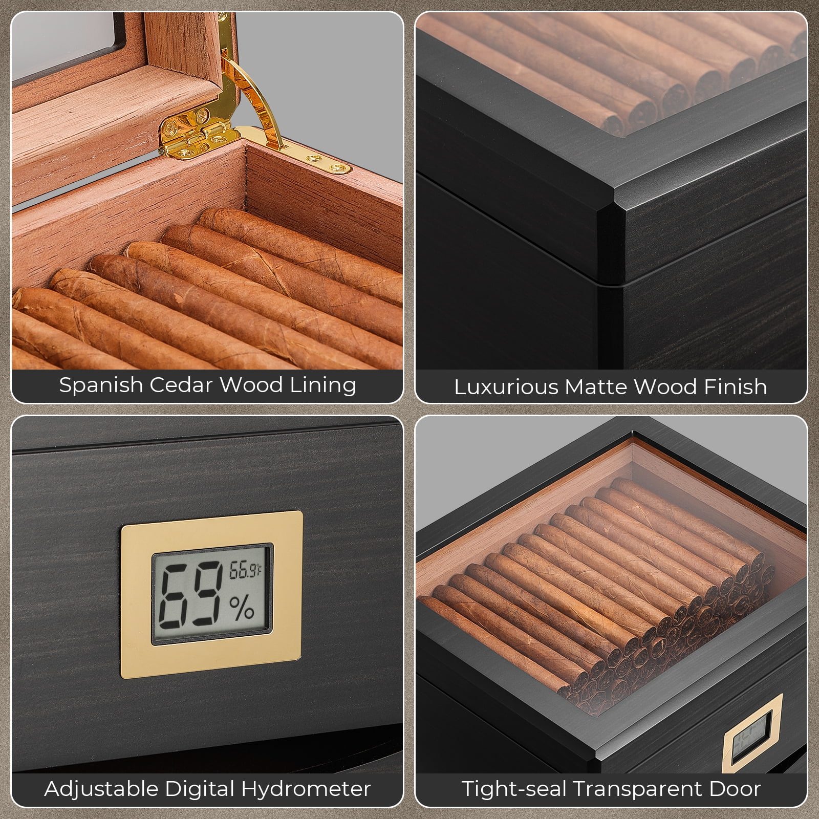 GLENCREAG MMT-3041 Cigar Humidor Box for 25 to 55 Counts, See-Through Design with Spanish Cedar Lining & Divider, Digital Hygrometer, Accessory Drawer & Humidifier, Gift for Cigar Aficionado (Ebony)