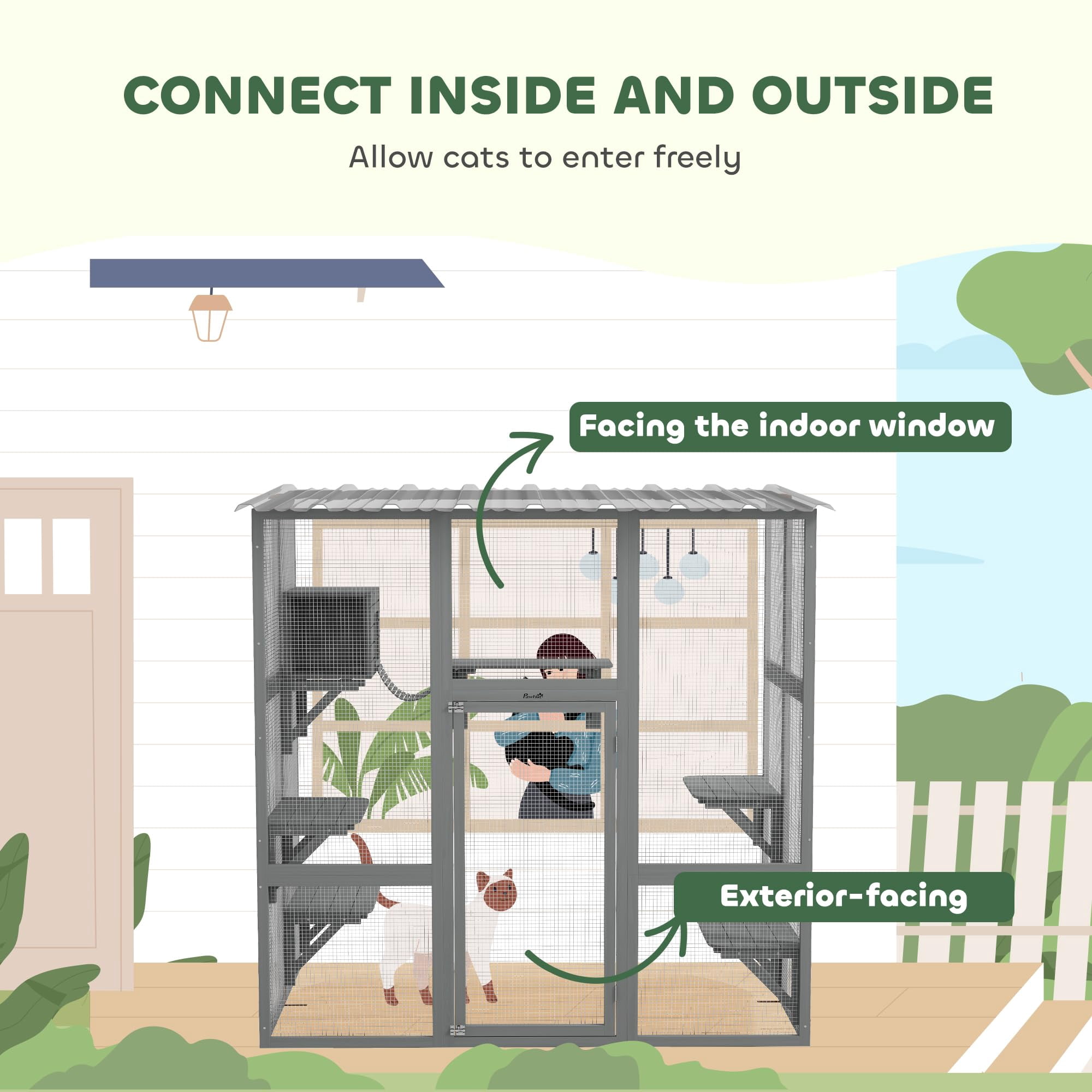 Large Outdoor Cat Enclosure for Indoor Cats, Wooden Catio with Scratching Posts and Weatherproof Roof, Spacious Resting Area for 1-2 Cats, Gray, 68" x 35.5" x 70.5"