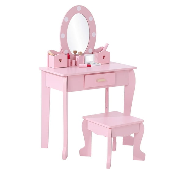 Shininglove Girls Makeup Table Set with Mirror, 2 in 1 Princess Dressing Vanity Table and Stool Set for Little Girls, Pink