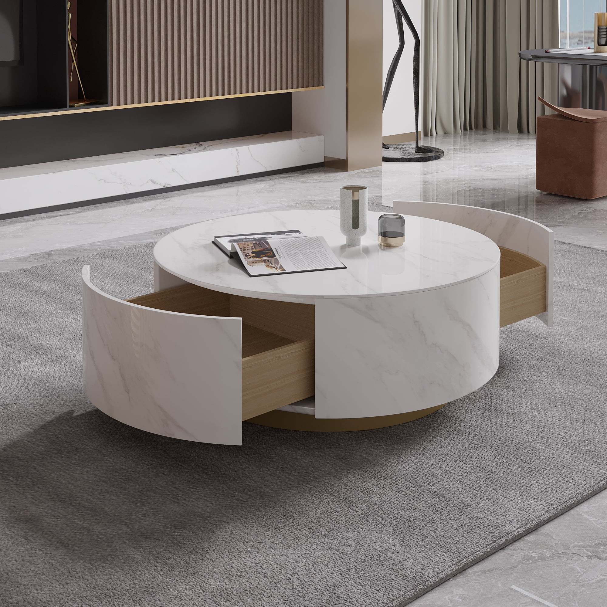 Magic Home Modern Round Coffee Table with Two Drawers,Circle Coffee Table Space-Saving Multiple Purpose for Living Room,dining room and home office,White