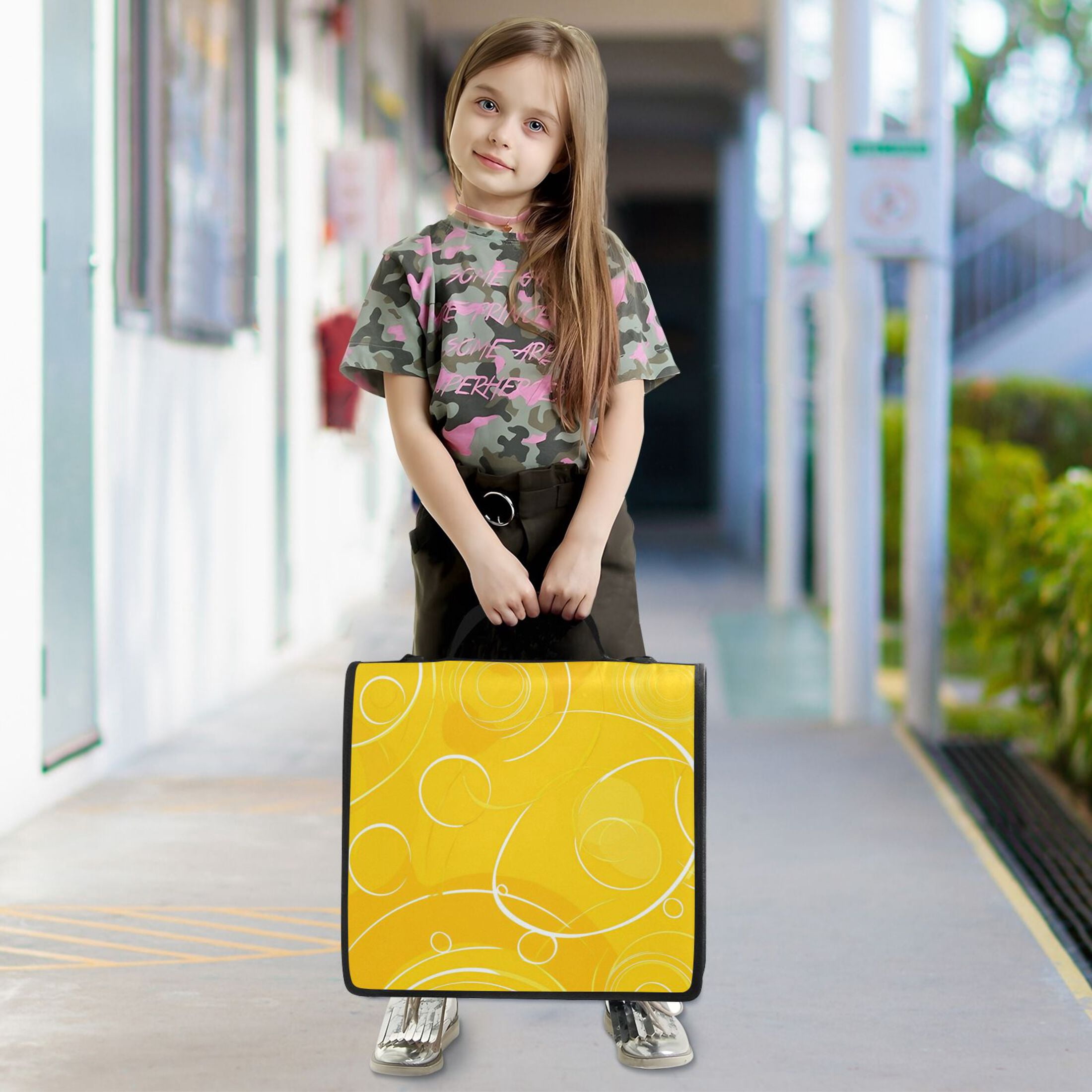 Water-Resistant 3-Ring Binder Organizer with Multiple Pockets Zipper Binder Bag for Office Yellow Circles and Lines
