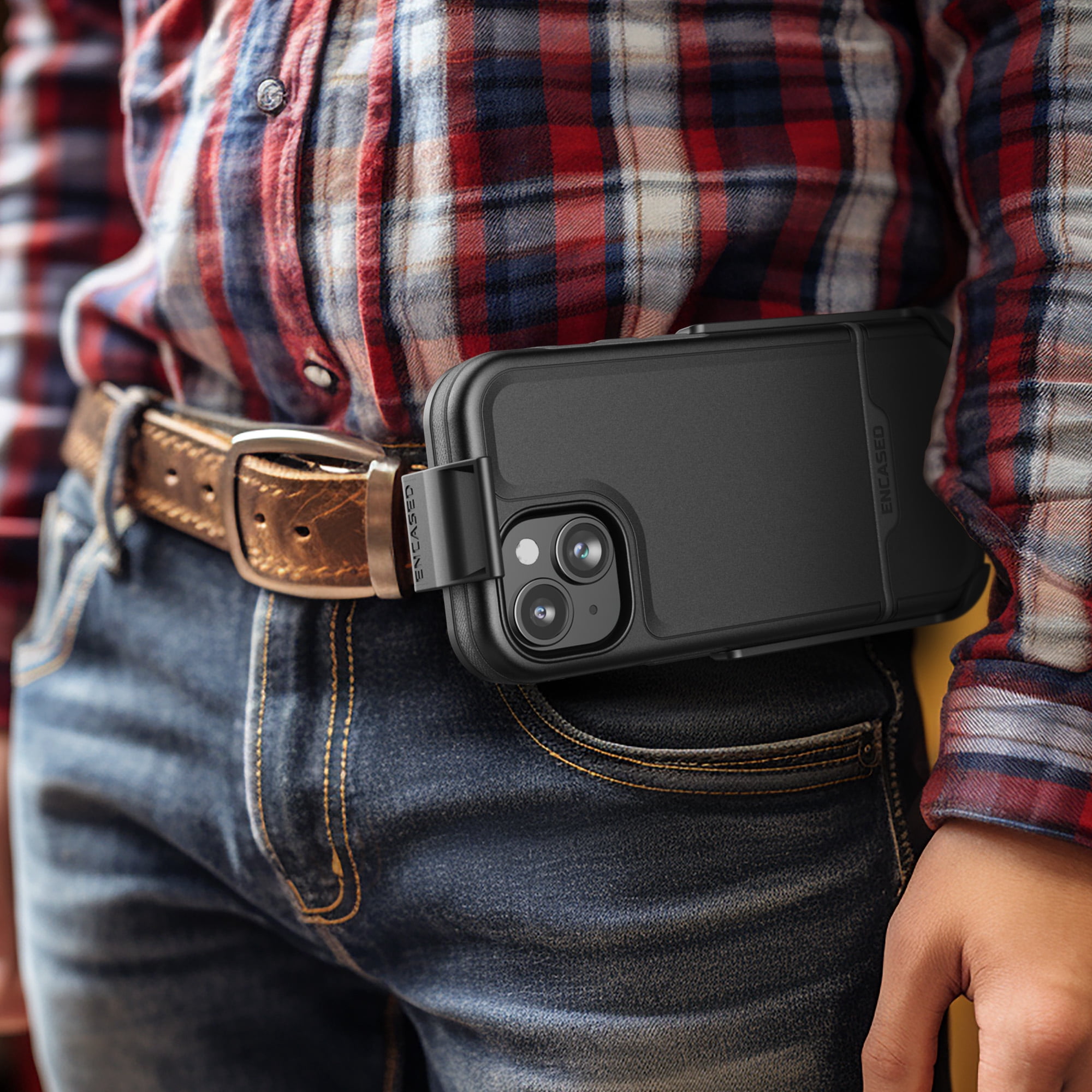 Encased Rebel Designed for iPhone 15 Belt Clip Case, Protective Shockproof Phone Case with Holster (Black)