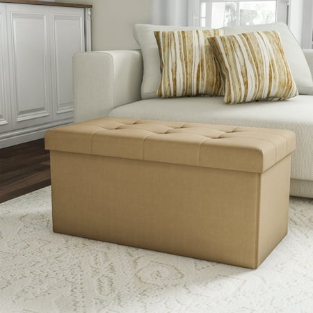 Folding Storage Bench Ottoman - 30" Tufted Foam Padded Lid - Removable Bin - Organizer for Home, Bedroom, Living Room & Kid Toys (Beige)