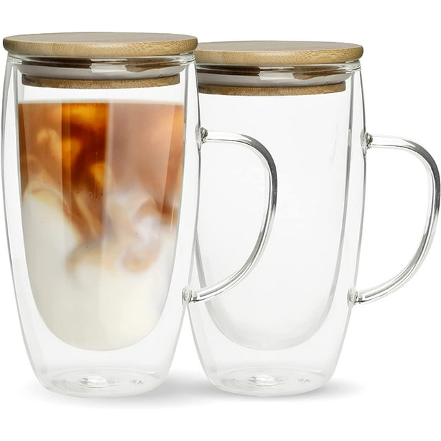 Double Walled Glass Coffee Mugs Unique Insulated Coffee Mugs With Handle And Bamboo Lid , Clear Glass Cups For Coffee Tea Latte Cappuccino Espresso 15OZ (Set of 2)