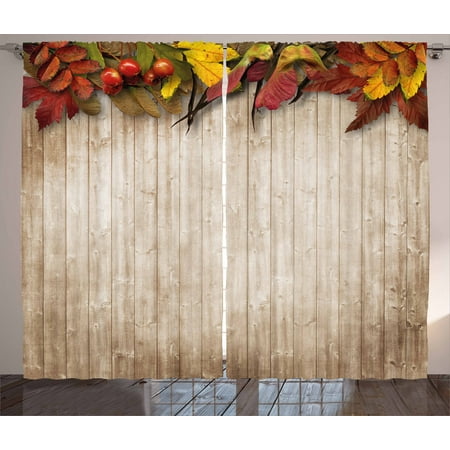 Autumn Border (Fall Curtains 2 Panels Set, Autumn Leaves and Berries Border on Vintage Wooden Background Botanical Vivid Print, Window Drapes for Living Room Bedroom, 108W X 96L Inches, Multicolor, by)