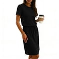 thumbnail image 4 of Women's Casual Short Sleeve T Shirt Dress Drawstring Elastic Waist Knee Length Crew Neck Straight Fit Jersey Dress with Pockets Lightweight Athletic Sporty Sun Dress, 4 of 6