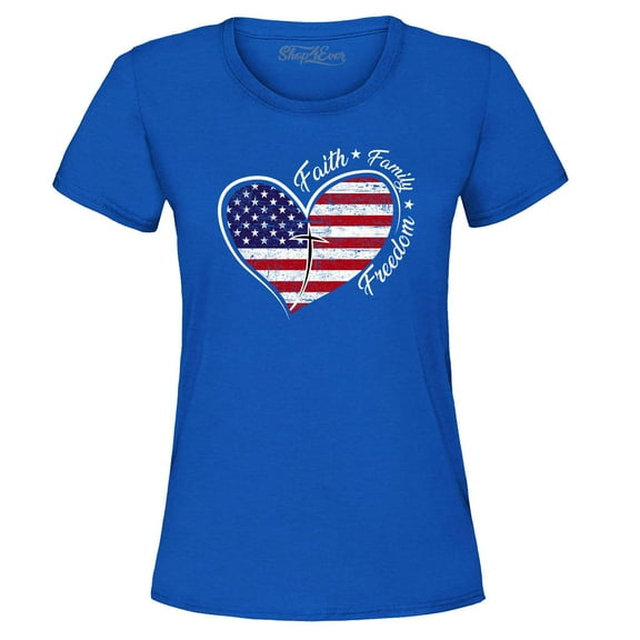 Shop4Ever Women's Faith Family Freedom American Flag Heart USA Graphic T-Shirt Large Royal Blue