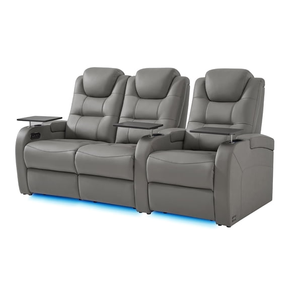 comfiroom Leather Home Theater Seating Seats, Simple Style Dual Power Electric Headrest Game Seats Movie Theater Chairs Top Grain Leather Theater Recliner Sofa (Grey, Row of 3 Loveseat Left)