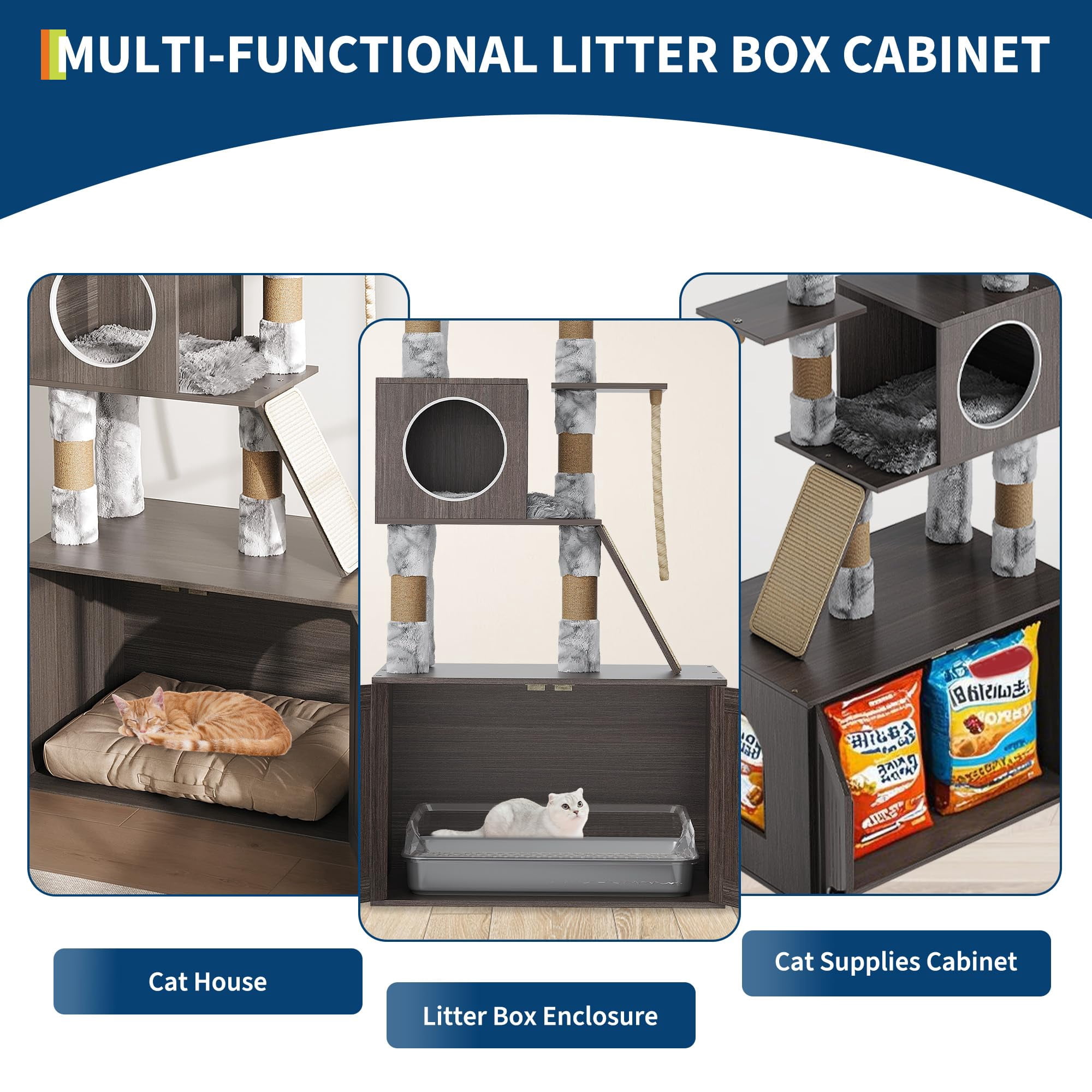 Litter Box Enclosure  with Cat Tree, 2-In-1 Cat Tower, 66.9-Inch Tall Cat Condo with Scratching Posts