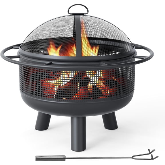 24-Inch Heavy-Duty Metal Outdoor Wood Burning Fire Pit with Spark Screen, Poker, and Log Grate