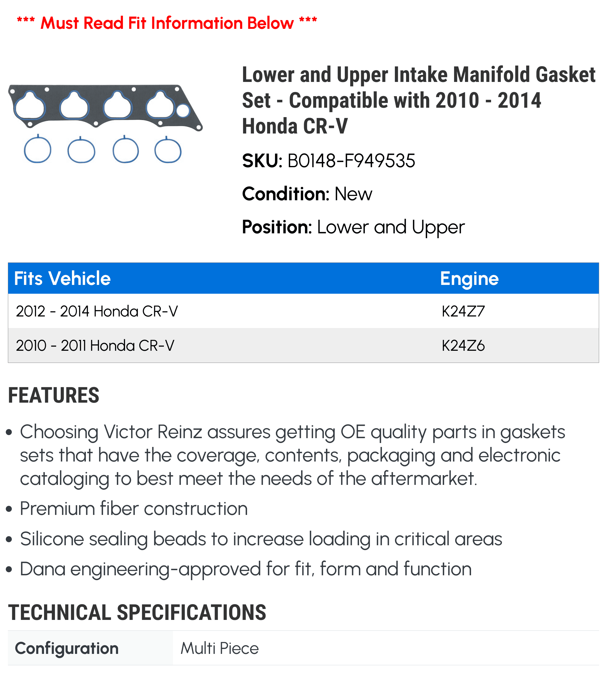 Lower and Upper Intake Manifold Gasket Set - Compatible with 2010 - 2014 Honda CR-V 2011 2012 2013