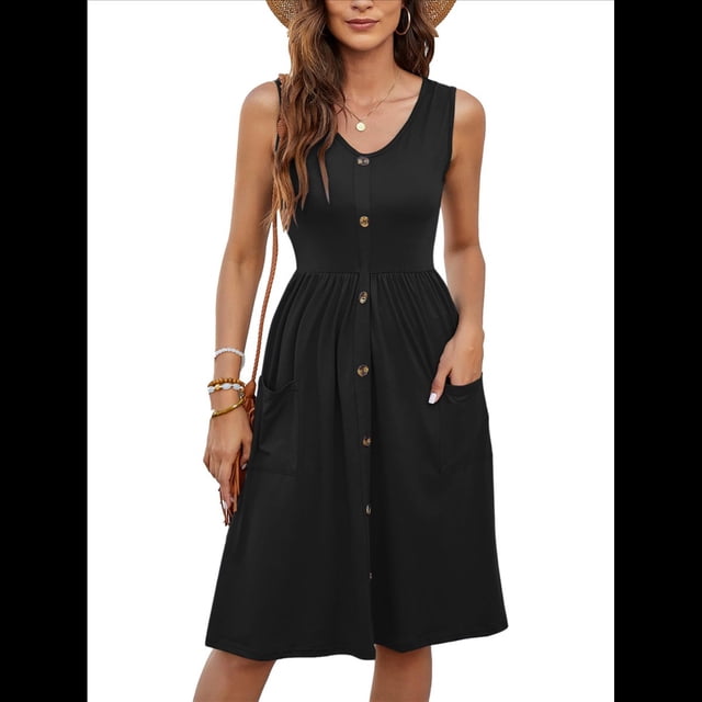 Vestidos de Verano para Mujer, Sin Mangas, Informales, Holgados, con Botones y Bolsillos Negro S