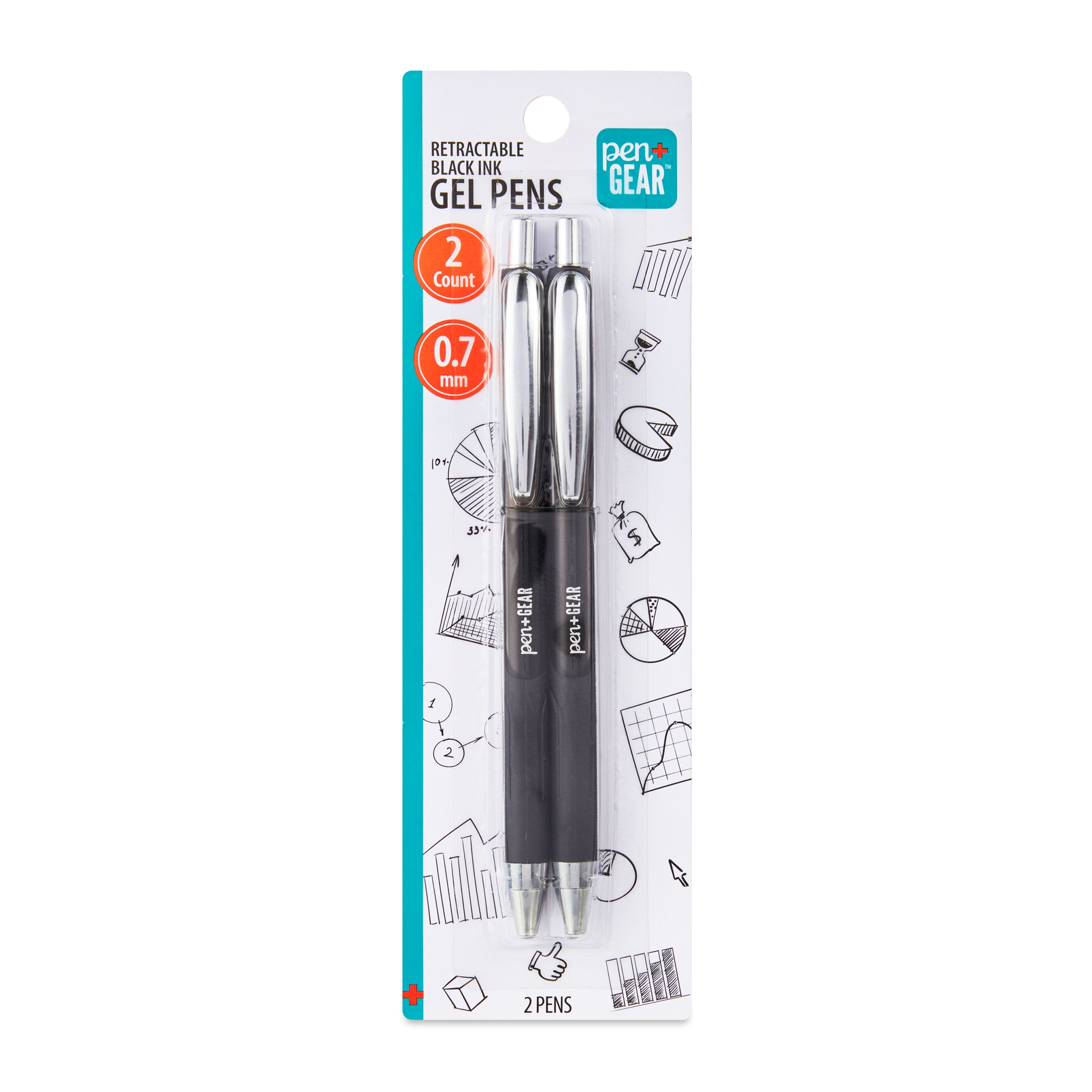 Pen+Gear Retractable Gel Pens, Medium Point, 0.7 mm, Black, 2 Count 