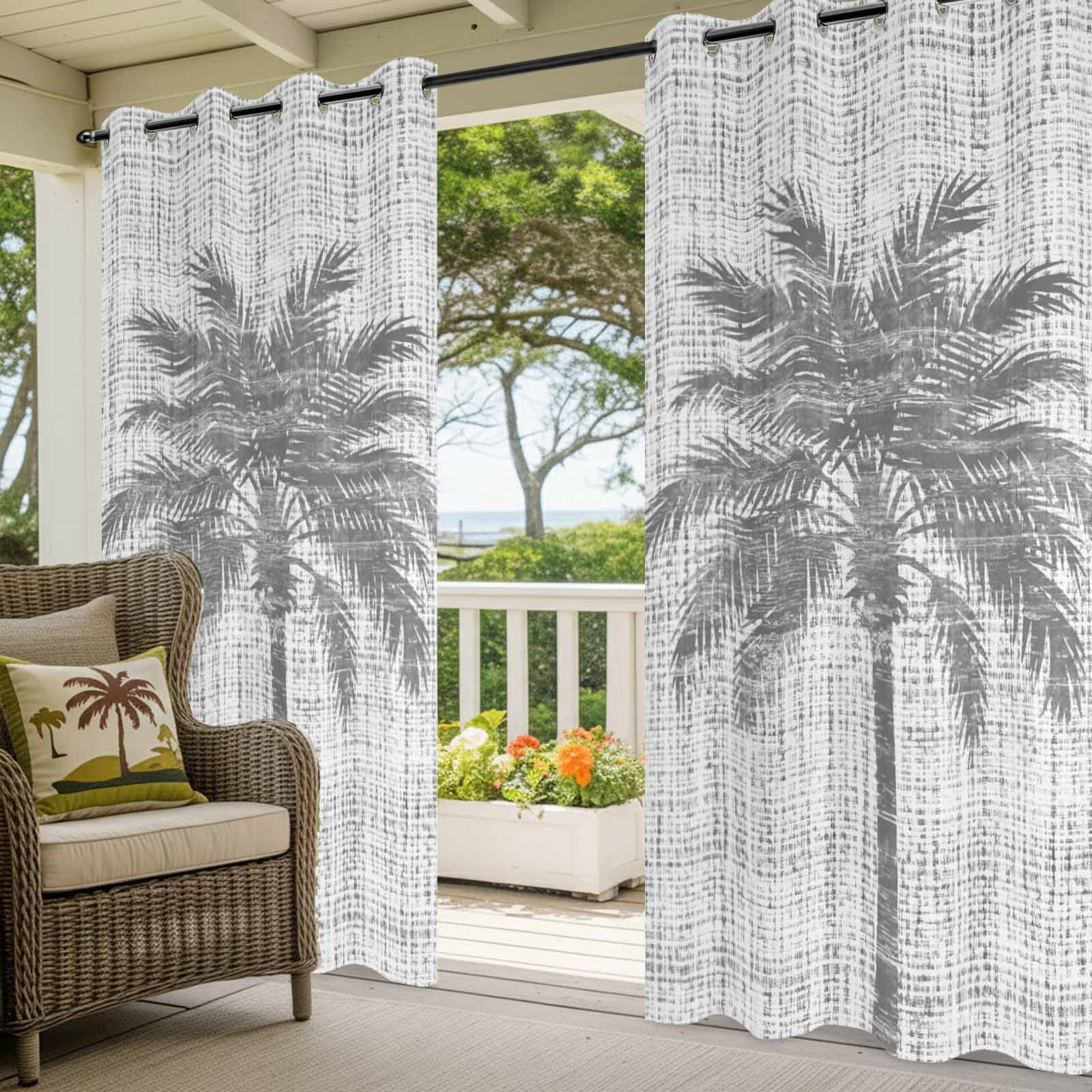 Gray Palm Tree Outdoor Curtains for Patio, Country Linen Texture Tropical Plant Vintage Sunshade Privacy Drapes Grommet Waterproof Outside Curtains for Porch/Cabana/Balcony 54"x 108", 1 Panel