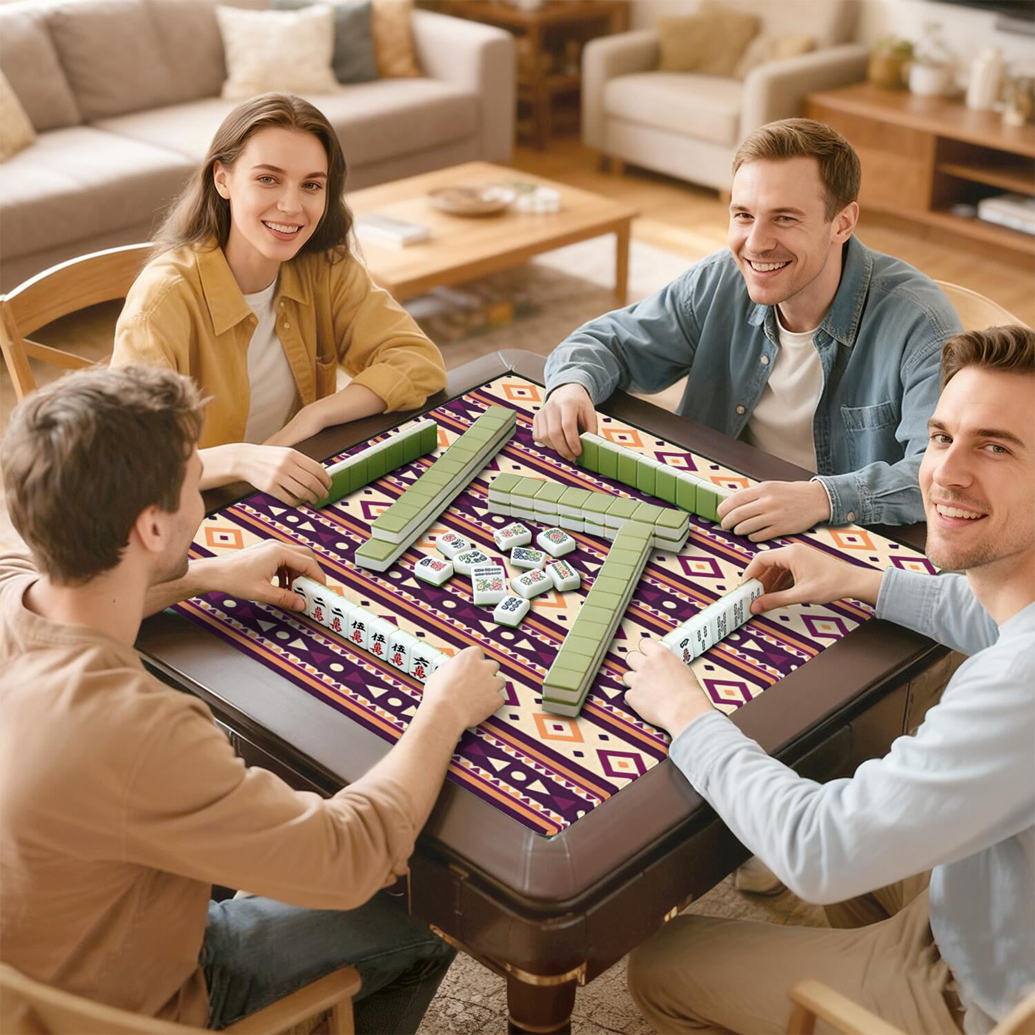 Traditional Boho Style Rubber Game Room Cover 31.5 Inch Square Large Mahjong Table Mat with Non-Slip Backing and Noise Dampening for Tiles and Cards