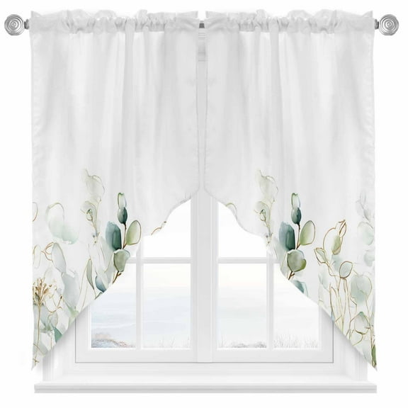 Watercolor Green Leaf Swag Curtain Valance for Windows, Eucalyptus Leaves Abstract Art Window Treatments Short Swag Topper for Kitchen Windows Bathroom Bedroom, 36"x63"