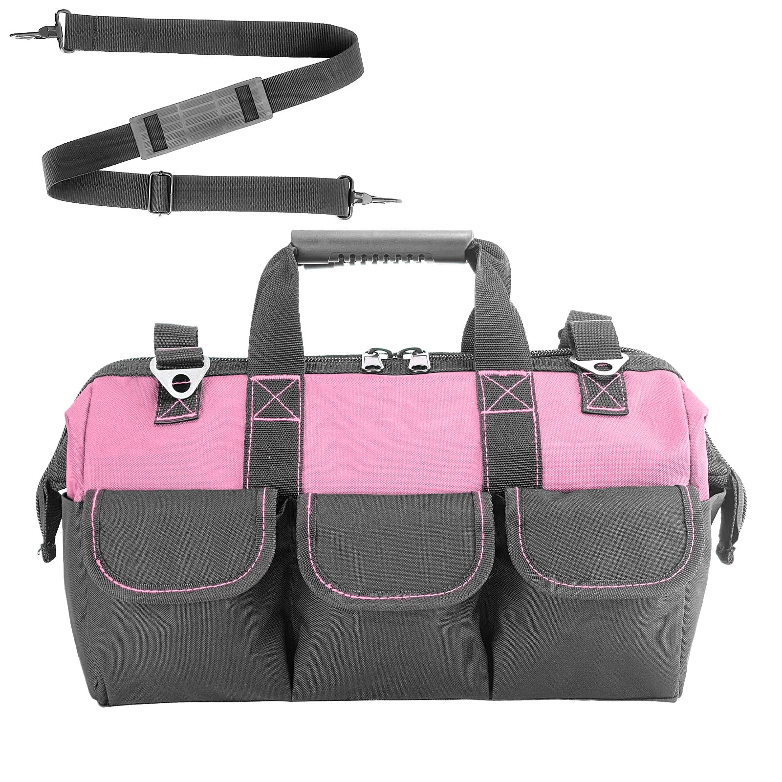 Yongzhenlite Garden Tools Bag, 16 Inch Wide Mouth Tool Tote with Molded Base and Multi-Pockets for Men, Heavy Duty 600D Polyester Fabric (Pink Color)