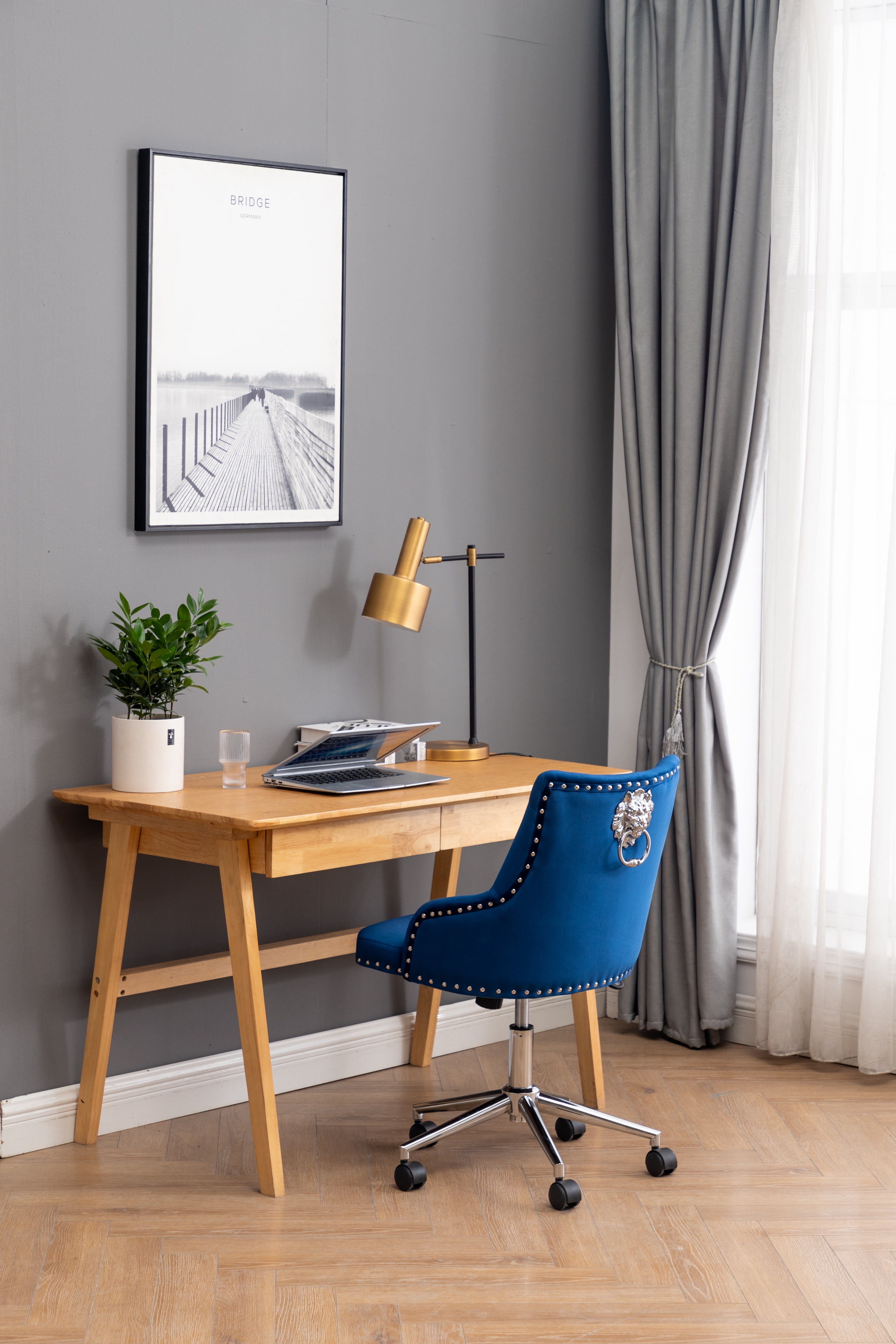 Kepooman Velvet Office Chair, Adjustable Rotatable Home Dressing Chair with Backrest and Wheels, Blue Kepooman Velvet Office Chair, Adjustable Rotatable Home Dressing Chair with Backrest and Wheels, Blue
