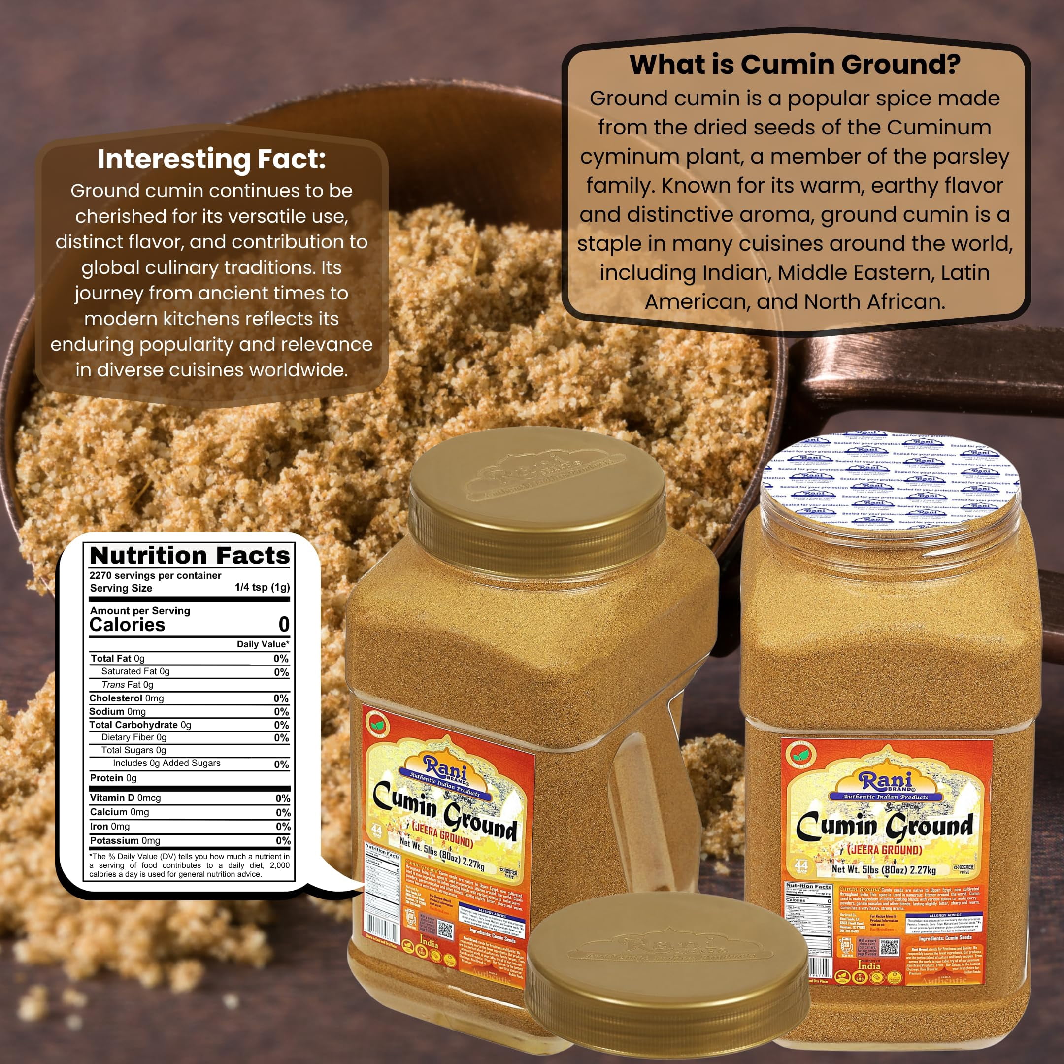 Rani Cumin Powder (Jeera) 80oz (5lbs) 2.27kg Bulk Jar ~ All Natural, Salt-Free | Vegan | Kosher