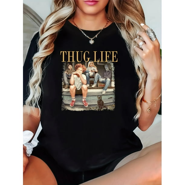 Camiseta gráfica de inspiración vintage Thug Life para mujer - Cuello redondo informal, algodón suave, lavable a máquina - Moda de verano perfecta, camisetas informales