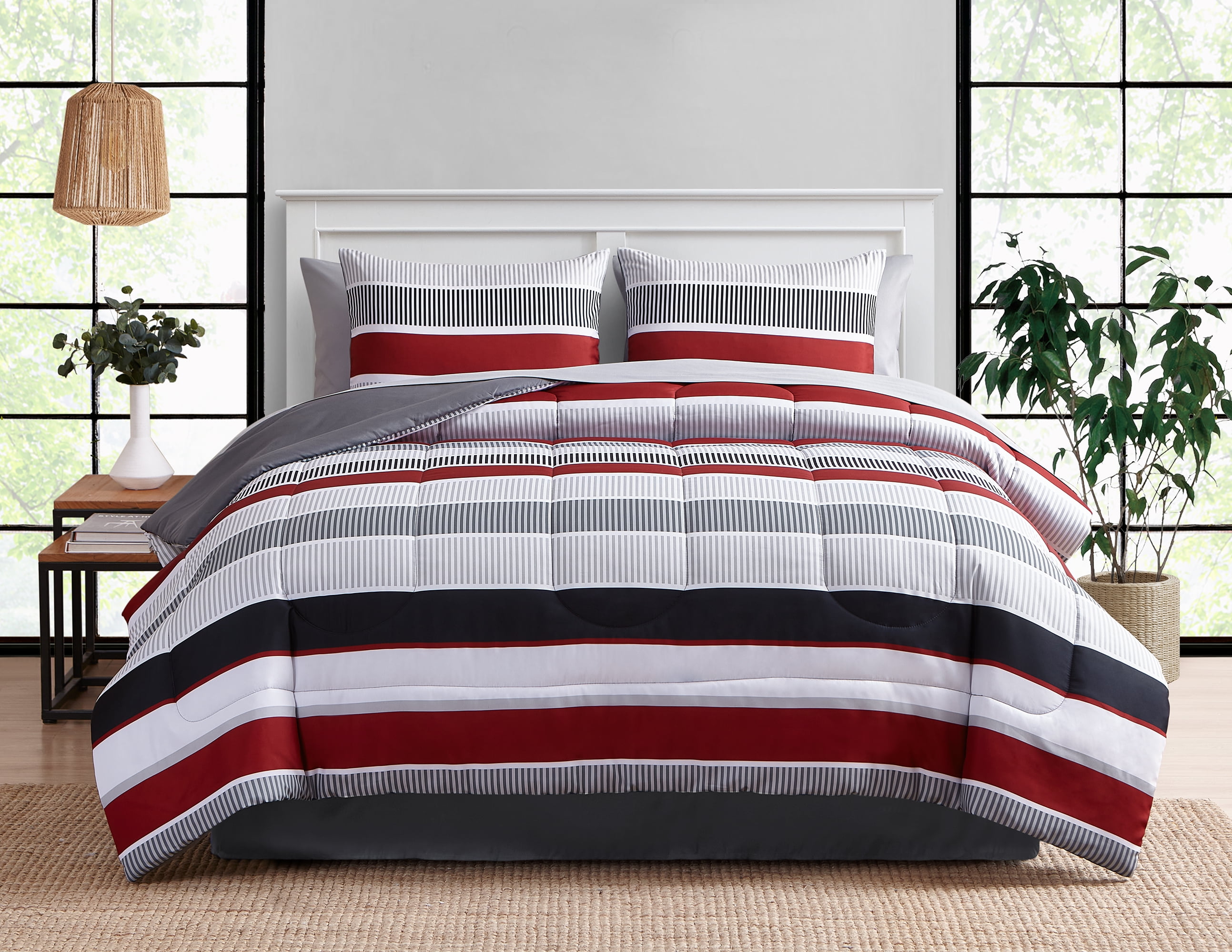 Reversible 8 pcs Complete Comforter & Sheets Black Flower Stripes King Queen Set 
