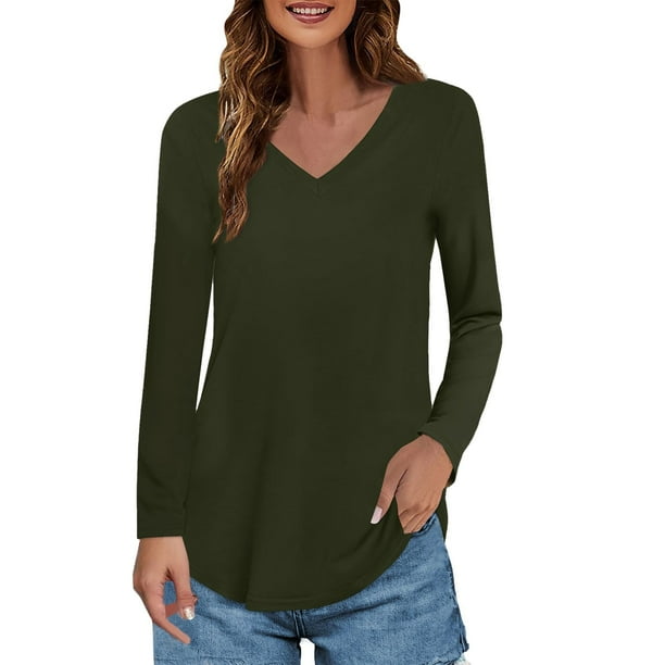 Top túnica de manga larga con cuello en V para mujer - Blusa holgada e informal - Ideal para casa, playa o vacaciones