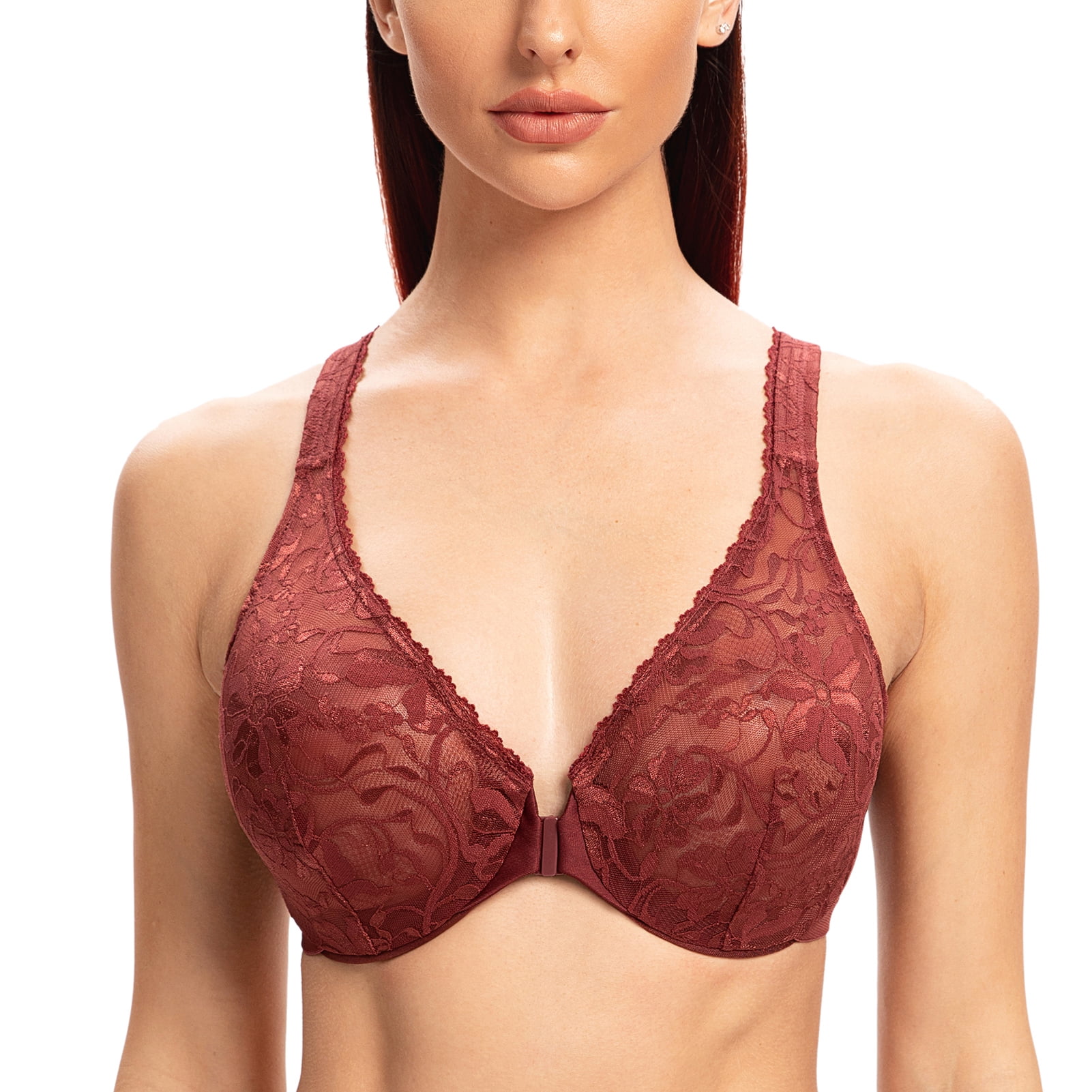 MELENECA Women's Front Closure Stretch Lace Underwire Bra Cabernet Red 46B