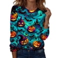 thumbnail image 2 of IYYVV Womens Halloween Shirts Long Sleeve Crewneck Casual Dressy Tops Funny Ghost Pumpkin Graphic Halloween Fall Fashion Tops Cyan XL, 2 of 7