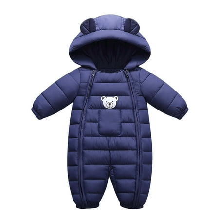 

XJDJHC Baby Thick Winter Footed Romper Jumpsuit With Cute Cartoon Bear Print Double Zipper Outerwear Girl Boy Hooded Snowsuit 18-24 Months